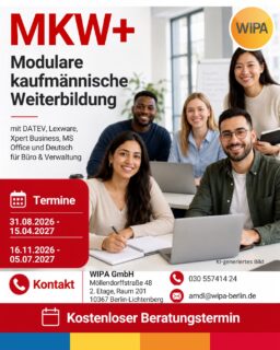 📚 Kaufmännische Weiterbildung in Berlin mit DATEV, Lexware, MS Office und Xpert Business

Du möchtest im Büro, in der Verwaltung, im Büromanagement oder in der kaufmännischen Sachbearbeitung arbeiten? Mit MKW+ – Modulare kaufmännische Weiterbildung bereitest du dich praxisnah auf deinen Berufseinstieg vor.

Das lernst du:

✅ Büroorganisation und schriftliche Korrespondenz
✅ Finanzbuchführung und Finanzbuchhaltung
✅ Lohn und Gehalt sowie Personalwesen
✅ Warenwirtschaft, Ein- und Verkauf
✅ Sekretariat und Office Management
✅ Marketing und Vertrieb
✅ Bewerbungstraining
✅ Deutsch für Büro und Verwaltung
✅ KI und digitale Kompetenzen

💻 Du arbeitest mit Microsoft Word, Excel, PowerPoint, Outlook, DATEV und Lexware professional.

🏢 In unserer Übungsfirma trainierst du reale Aufgaben aus dem Büroalltag: Angebote und Rechnungen erstellen, Bestellungen bearbeiten, Buchungen durchführen und kaufmännische Abläufe organisieren.

🎓 Mögliche Abschlüsse:

• Xpert Business Zertifikat „Geprüfte Fachkraft für Büromanagement“
• Trägerzertifikat der WIPA
• Microsoft Office Specialist Prüfungen

📅 Termine:

31.08.2026–15.04.2027
16.11.2026–05.07.2027

🕘 Montag bis Freitag, 08:15–15:15 Uhr

✅ 100 % Förderung mit Bildungsgutschein möglich
über das Jobcenter oder die Agentur für Arbeit

📍 WIPA GmbH
Möllendorffstraße 48
10367 Berlin-Lichtenberg

☎️ 030 557414 24
✉️ amdl@wipa-berlin.de

👉 Vereinbare jetzt deinen kostenlosen Beratungstermin!

#KaufmännischeWeiterbildung #WeiterbildungBerlin #Büromanagement #Finanzbuchhaltung #DATEV #Lexware #MSOffice #MicrosoftOffice #XpertBusiness #MOS #DigitaleKompetenzen #KIImBüro #Bewerbungstraining #Bildungsgutschein