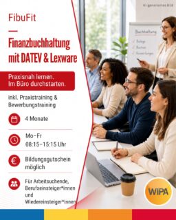 📊 FibuFit – Finanzbuchhaltung mit DATEV und Lexware

Du möchtest in der Buchhaltung, im Rechnungswesen oder in der kaufmännischen Sachbearbeitung arbeiten? Mit FibuFit lernst du wichtige Grundlagen der Finanzbuchhaltung und bereitest dich praxisnah auf den Berufsalltag vor.

In einer kaufmännischen Übungsfirma bearbeitest du typische Aufgaben aus Buchhaltung, Sachbearbeitung und Verwaltung. Dabei arbeitest du mit DATEV und Lexware und verbesserst gleichzeitig dein berufsspezifisches Deutsch.

Das erwartet dich:

✅ Finanzbuchhaltung und rechtliche Grundlagen
✅ Praxistraining in der Übungsfirma
✅ DATEV und Lexware
✅ Word, Excel, Outlook, PowerPoint und Teams
✅ KI für Büro und Verwaltung
✅ Büroorganisation und schriftliche Korrespondenz
✅ Bewerbungstraining
✅ Xpert-Business- und MOS-Prüfungen

So verbindest du Fachwissen, digitale Kompetenzen und praktische Erfahrung – für bessere Chancen im Beruf.

📍 WIPA GmbH
Möllendorffstraße 48
2. Etage, Raum 201
10367 Berlin

📞 030 557414 24
📧 amdl@wipa-berlin.de

#Finanzbuchhaltung #DATEV #Lexware #WeiterbildungBerlin #FibuFit