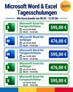 Nur ein Tag – mehr Sicherheit im Büroalltag! 💻✨

Mit unseren Microsoft Office Tagesschulungen in Berlin-Lichtenberg erweitern Sie Ihre Kenntnisse in Word und Excel schnell, praxisnah und direkt anwendbar. Ob Anfänger*in oder Fortgeschrittene*r: In unseren Office-Schulungen lernen Sie wichtige Funktionen, hilfreiche Tipps & Tricks und praktische Anwendungen für Büro, Verwaltung und kaufmännische Tätigkeiten.

📅 Alle Kurse finden von 08:30 bis 15:30 Uhr statt

🟢 Microsoft Excel für Fortgeschrittene
02.09.2026 | 30.09.2026 | 28.10.2026
595,00 €

🔵 Microsoft Word für Anfänger
09.09.2026 | 07.10.2026 | 22.10.2026
476,00 €

🔵 Microsoft Word für Fortgeschrittene
16.09.2026 | 14.10.2026 | 29.10.2026
595,00 €

🟢 Microsoft Excel für Anfänger
23.09.2026 | 21.10.2026
476,00 €

✅ Ihre Vorteile auf einen Blick:
• kompakter Wissenstransfer
• praxisnahe Inhalte
• persönliche Betreuung
• mehr Effizienz und Zeitersparnis im Arbeitsalltag

🎓 Nach der Schulung erhalten Sie ein Teilnehmerzertifikat.

🏅 Zusätzlich buchbar: Microsoft Office Specialist (MOS) Zertifizierungen
• MO-110 Word Associate – 150,00 €
• MO-210 Excel Associate – 150,00 €
• MO-211 Excel Expert – 150,00 €
• MO-111 Word Expert – 150,00 €

Die Microsoft-Zertifizierung ist jederzeit individuell buchbar und ein wertvoller Nachweis Ihrer digitalen Kompetenzen.

📍 Ort der Schulung:
WIPA Berlin – Standort Lichtenberg
Möllendorffstraße 48
10367 Berlin
📞 030 557414-0
✉️ info@wipa-berlin.de

👉 Jetzt auf www.wipa.berlin unter Kaufmännische Weiterbildung Ihre passende Word-Schulung, Excel-Schulung oder Microsoft Office Weiterbildung auswählen und direkt buchen!

#MicrosoftOffice #MicrosoftWord #MicrosoftExcel #WordSchulung #ExcelSchulung #OfficeSchulung