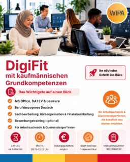 Du möchtest im Büro, in der Verwaltung oder im kaufmännischen Bereich durchstarten? 📋💻
Dann ist DigiFit mit kaufmännischen Grundkompetenzen dein perfekter Einstieg!

In nur 6 Wochen lernst du praxisnah die Grundlagen für moderne Büroberufe:
✅ Büroorganisation
✅ kaufmännische Sachbearbeitung
✅ digitale Büroarbeit
✅ berufsspezifisches Deutsch für Büro & Verwaltung
✅ kaufmännisches Grundwissen wie Prozentrechnung, Dreisatz und Handelskalkulation

Du übst außerdem wichtige Formulierungen und Abläufe für den Berufsalltag – von E-Mails und Geschäftsbriefen bis zu Anfragen, Angeboten, Bestellungen, Rechnungen und Reklamationen.

Der Kurs bereitet dich Schritt für Schritt auf Weiterbildungen, Ausbildungen, Praktika, Bewerbungen und den Einstieg in kaufmännische Berufe vor.
👉 Ideal für Arbeitsuchende, Quereinsteiger*innen und alle, die beruflich neu starten möchten.

Jetzt den ersten Schritt in deine berufliche Zukunft machen!

📍 WIPA GmbH, Lichtenberg
Möllendorffstraße 48, 
10367 Berlin
2. Etage, Raum 201

📞 030 557414 24
📧 amdl@wipa-berlin.de

#ITfürBüros #Verwaltung #KaufmännischeBerufe #BeruflicheWeiterbildung #BerufsspezifischesDeutsch